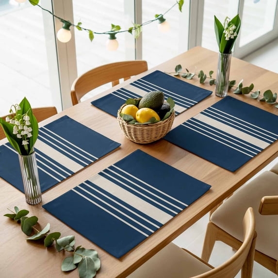 Vintage Linen Stripe on Blue Placemats Set of 4,Wipeable Washable Table Mats for Dining Tables, Modern Minimalist Art Place Mats for Kitchen Event Party Tabletop Decor