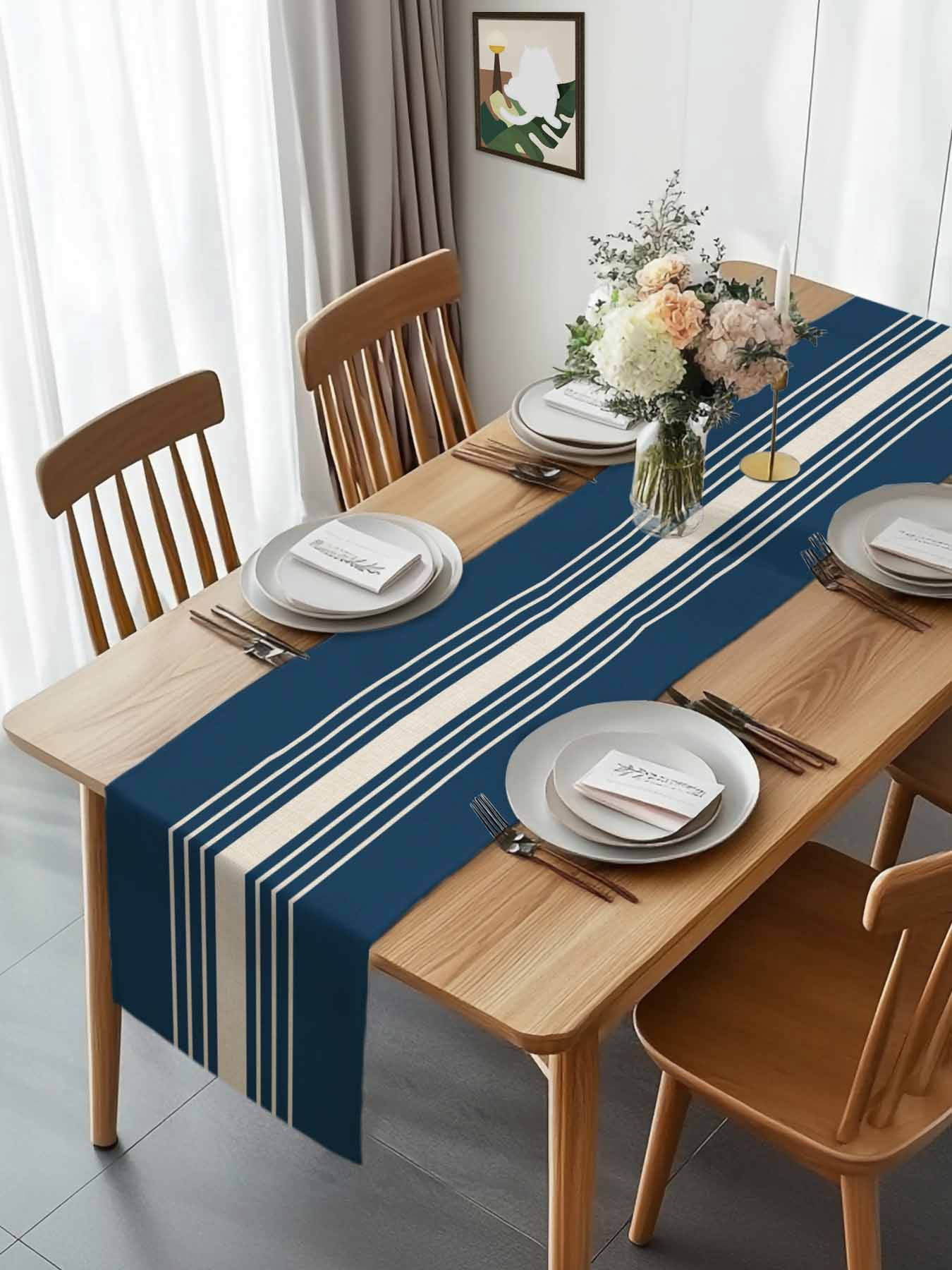 Vintage Linen Stripe on Blue Table Runner 90 Inches Long, Modern Minimalist Art Table Runners Tabletop Scarf Kitchen Dining Tables Decoration for Home Party Indoor Outdoor