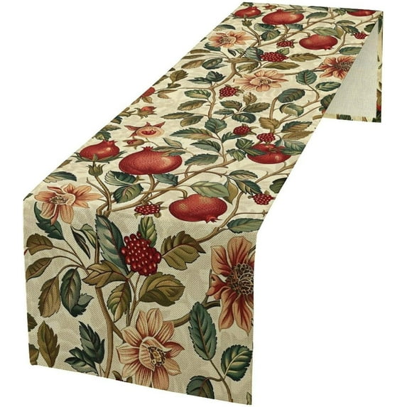Vintage Linen Table Runner Pomegranates Pattern Table Mat, Decoration Seasonal Summer Kitchen Dining Table Decoration for Home Party Decor 13x90 Inch