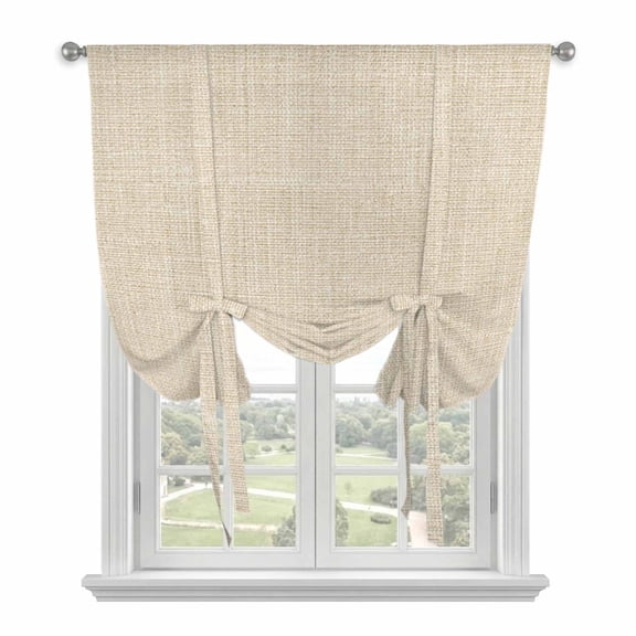 Vintage Linen Tie Up Curtain for Window, Pastoral Beige Linen Texture Farmhouse Adjustable Tie Up Balloon Curtain Valances Rod Pocket Window Treatment for Kitchen Bathroom Bedroom 34"x45"