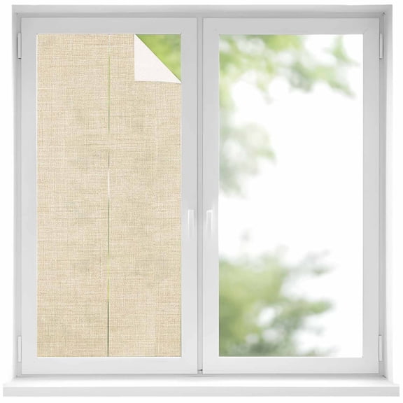 Vintage Linen Window Privacy Film, Pastoral Beige Linen Texture Farmhouse Frosted Glass Window Clings Static Cling UV Heat Blocking Reusable Door Sticker for Bathroom 19.6 x 39.3 Inch