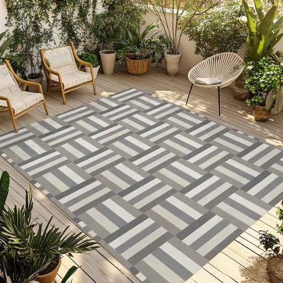 Vintage Lines Texture Outdoor Rug for Patio/Deck/Porch, Non-Slip Large Area Rug 3 x 5 Ft, Minimalist Geometric Stripes Art Gray Indoor Outdoor Rugs Washable Area Rugs, Camping Rug Carpet Runner