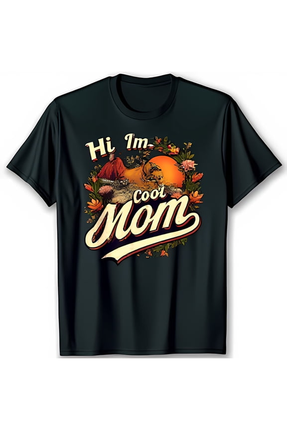 Vintage Lion Graphic Black T-Shirt Hi I m Cool Mom with Floral Border