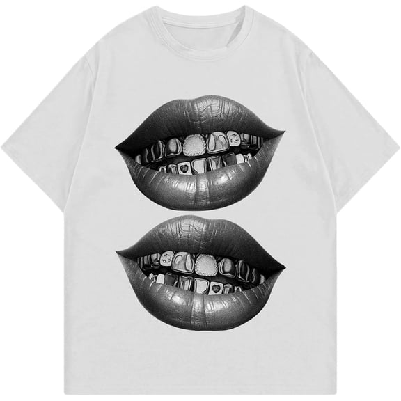 Vintage Lips with Grillz Graphic T-Shirt for Men Women, Y2K Hip Hop Streetwear Short Sleeve Tee, Aesthetic Retro Smile Face Casual Top, Loose Fit Cotton Blend Spring Fashion Shirt