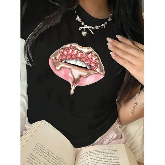Vintage Lips Print 100% Polyester Crew Neck T-Shirt - Short Sleeve Casual Top - Geometric Pattern Summer Tee, Regular Length Fashion Clothing