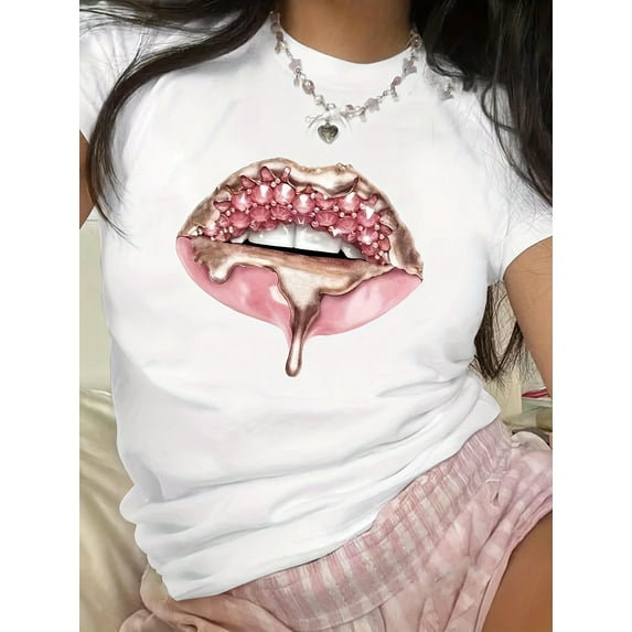Vintage Lips Print 100% Polyester Crew Neck T-Shirt - Short Sleeve Casual Top - Geometric Pattern Summer Tee, Regular Length Fashion Clothing