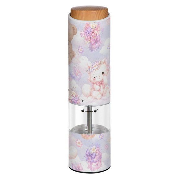 Vintage Little Bear Rabbit Flower and Cloud Pattern Printed Electric Pepper Mill One-Touch Battery Operated Salt Grinder Adjustable Coarseness Decorative Counter Spice Tool
