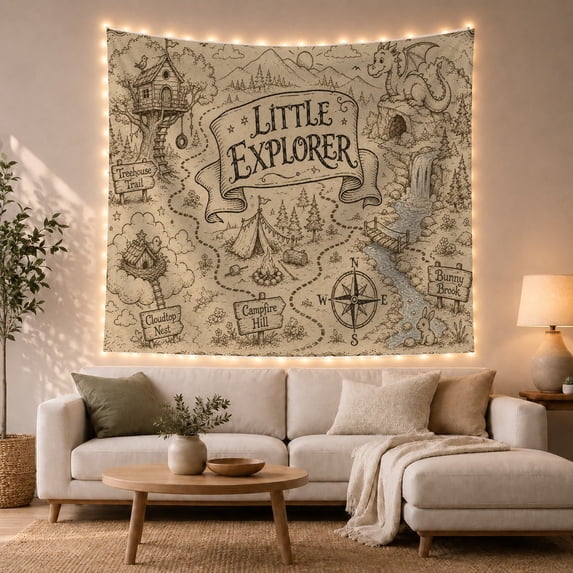 Vintage Little Explorer Map with Treehouse and Dragon, Adventurous Fantasy for Kids, Whimsical Wall Art Decor, Birthday Gift Tapestry Wall Hanging for Nursery and Playroom