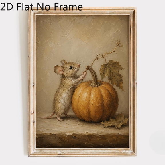 Vintage Little Mouse with Pumpkin Canvas Wall Art, Fall Autumn Oil Painting Print, Cute Woodland Animal Wall Decor, Rustic Cottagecore Canvas