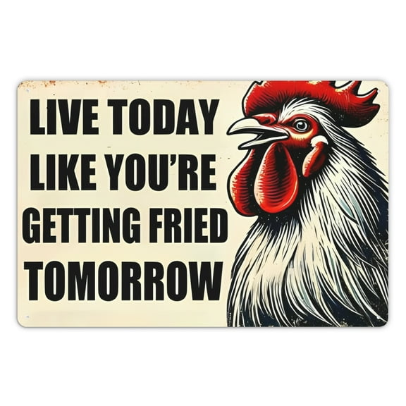 Vintage "Live Today Like You'll Be Fried Tomorrow" Rooster Sign - humorous iron wall decorated plaques for homes, bars and restaurants - 8 x 12 inch metal warning signs - pack 1