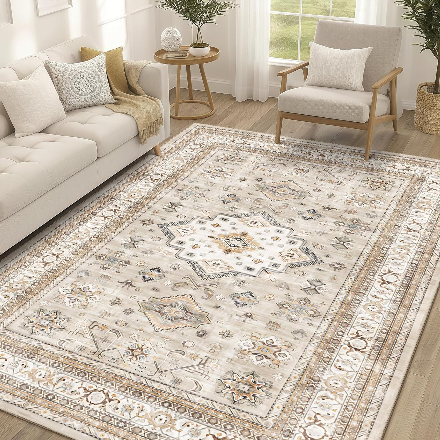 Beige Floral Synthetic Washable 5' x 7' Area Rug