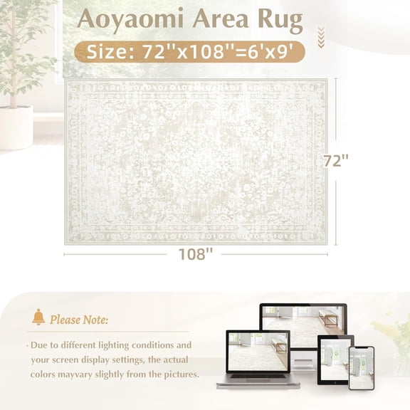 Vintage Living Room Area Rug - 6x9 Large Machine Washable Boho Area Rug Distressed Floral Rugs for Bedroom, Soft Non-Slip Indoor Floor Accent Rugs for Office Dining Room (Cream Beige, 6'x9')