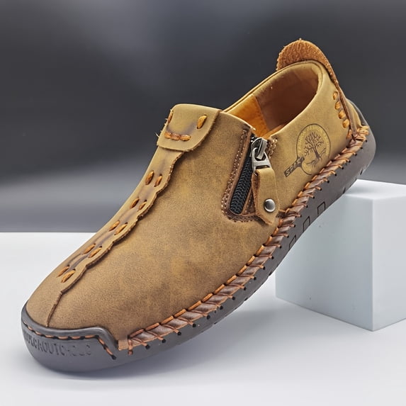 [Vintage Loafers] Brown & Black Men's Vintage Loafers | Handmade Synthetic Shoes with Zipper Closure, Round Toe & Rubber Sole for Casual & Formal Wear