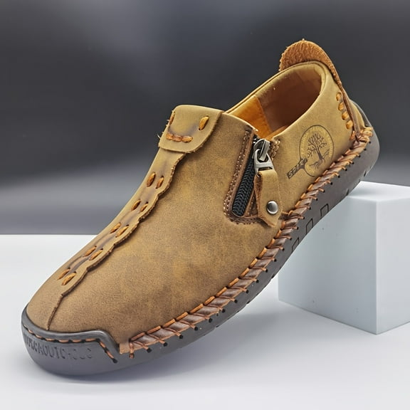 [Vintage Loafers] Brown & Black Men's Vintage Loafers | Handmade Synthetic Shoes with Zipper Closure, Round Toe & Rubber Sole for Casual & Formal Wear