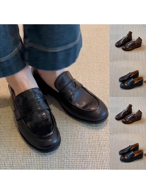 Vintage Loafers Women's Thick-Heeled Flat-Soled Shoes Comfortable Casual Style Small Leather Slip-On Footwear for Daily Wear