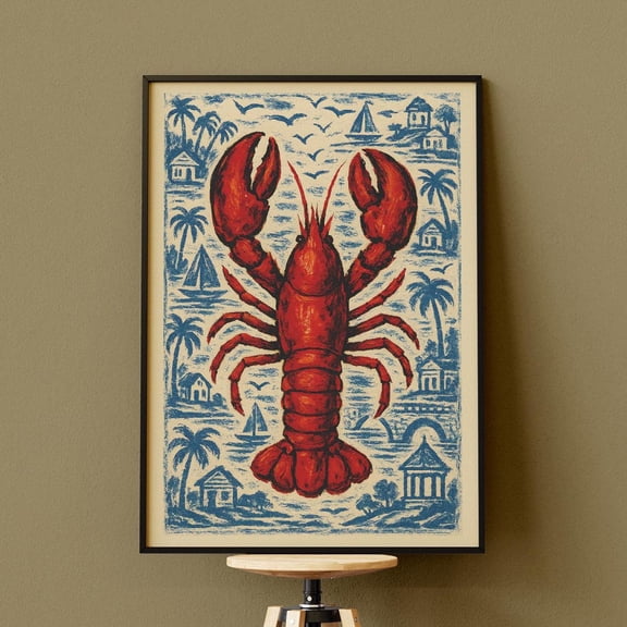 Vintage Lobster Wall Art Nautical Coastal Kitchen Print Retro Seafood Poster Cape Cod Decor Red Lobster Print Wall Art