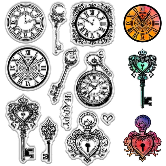 Vintage Lock Key Clear Stamps Retro Clock Decorative Rubber Seal Stamp Gift Reusable Transparent Silicone for DIY Scrapbooking Journaling Card Making Invitation Sheet Mixed Color