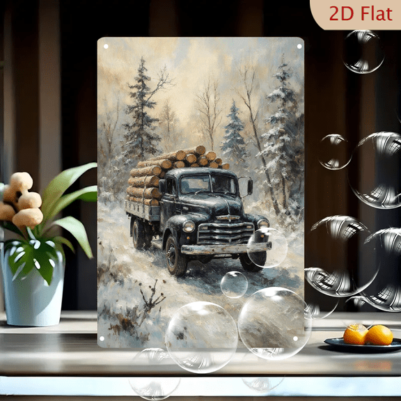 Vintage Logging Truck in Snowy Forest, 8x12 Inch Oil Painting Style Metal Wall Art, Nostalgic Mid-Century Winter Landscape Decor for Cabin or Garage