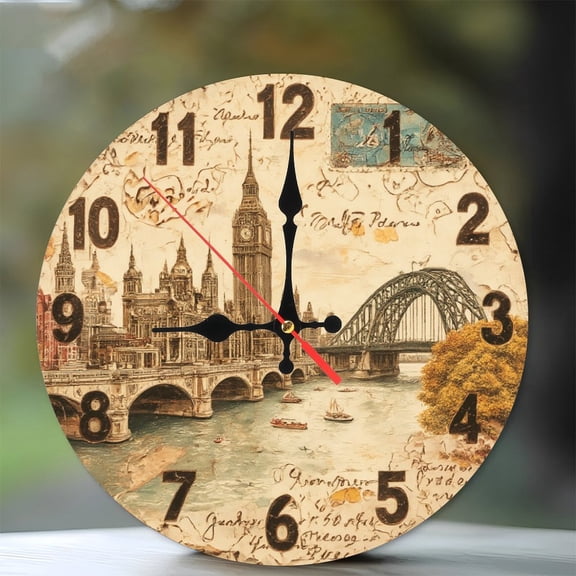 Vintage London Clock Big Ben Houses of Parliament Bridge Wall Clock 10-Inch Silent Wooden Wall Clock, Battery Operated (AA Batteries Not Included), Artistic Home Decor