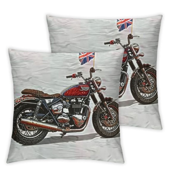 Vintage London Throw Pillow Cushion Cover, Classic Motorcycle Drawing with United Kingdom Flag on Plain Back, Decorative Square Accent Pillow Case, Dark Rust Ceil Blue