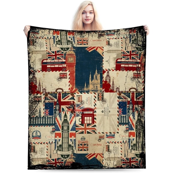 Vintage London Union Jack and Double Decker Bus Throw Blanket, Soft Plush Flannel Fleece with Big Ben and Phone Booth Design for Home Decor