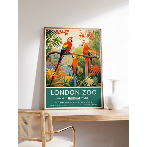 Vintage London Zoo Parrot Botanical Wall Art Exotic Bird Decor Art, Unframed Poster