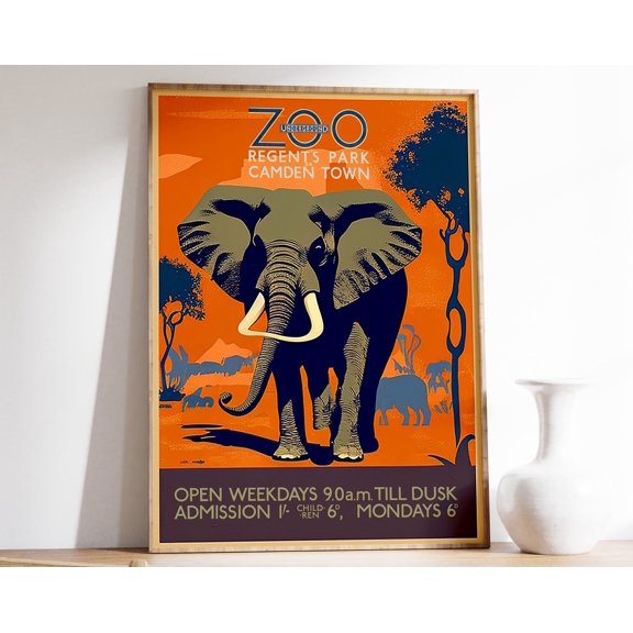 Vintage London Zoo Poster, Elephant, Retro London Zoo Print, Historical Museum Print, Vintage Wall Art, Animal Art Gift, Gift Wall Art, Modern Wall Decor, 8x12 UNFRAMED