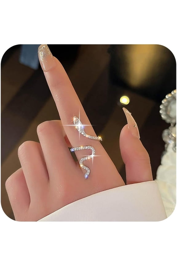 Vintage Long Crystal Snake Rings Silver Rhinestone Spiral Snake Cz Opening Finger Rings Punk Reptile Serpent Ring Adjustable Statement Ring Jewelry for Women