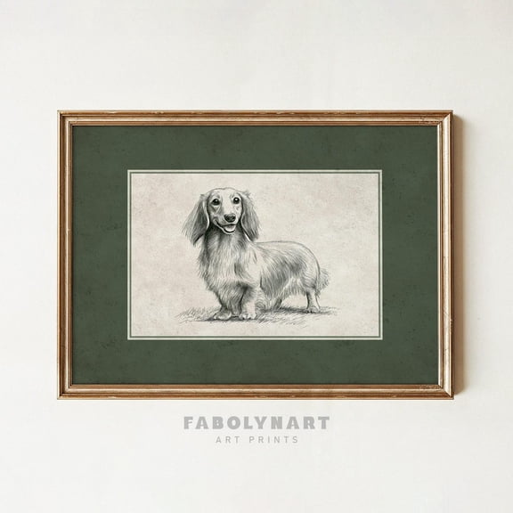 Vintage Long Haired Dachshund Minimalist Doxie Sketch Painting Neutral Sage Green Matte Nursery Poster Unframed Paper Print