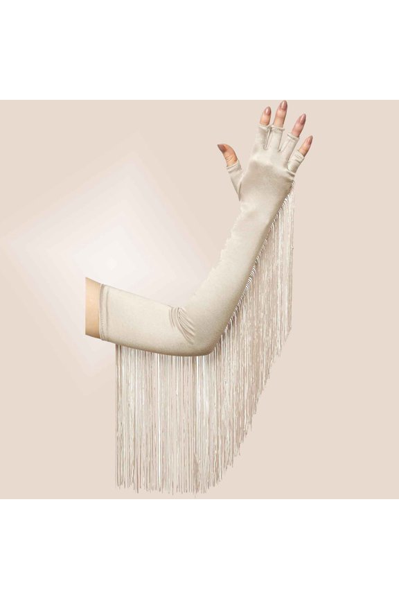 Vintage Long Opera Pageant Gloves - Fringe Fingerless Elbow Gloves for Costume Party Wedding