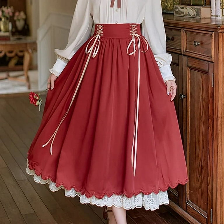 Vintage Long Skirt Women Summer High Waisted Lace Up Pleated Vintage Long Skirt Women Summer High Waisted Lace Up Pleated