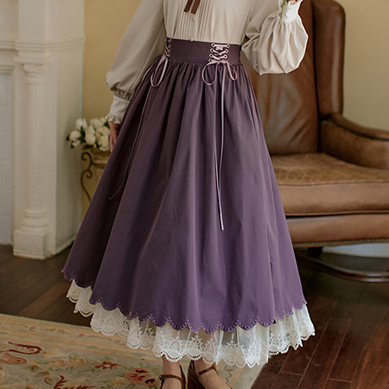 【aclent】Lace layered sweat pleats skirt Vintage Long Skirt Women Summer High Waisted Lace Up Pleated