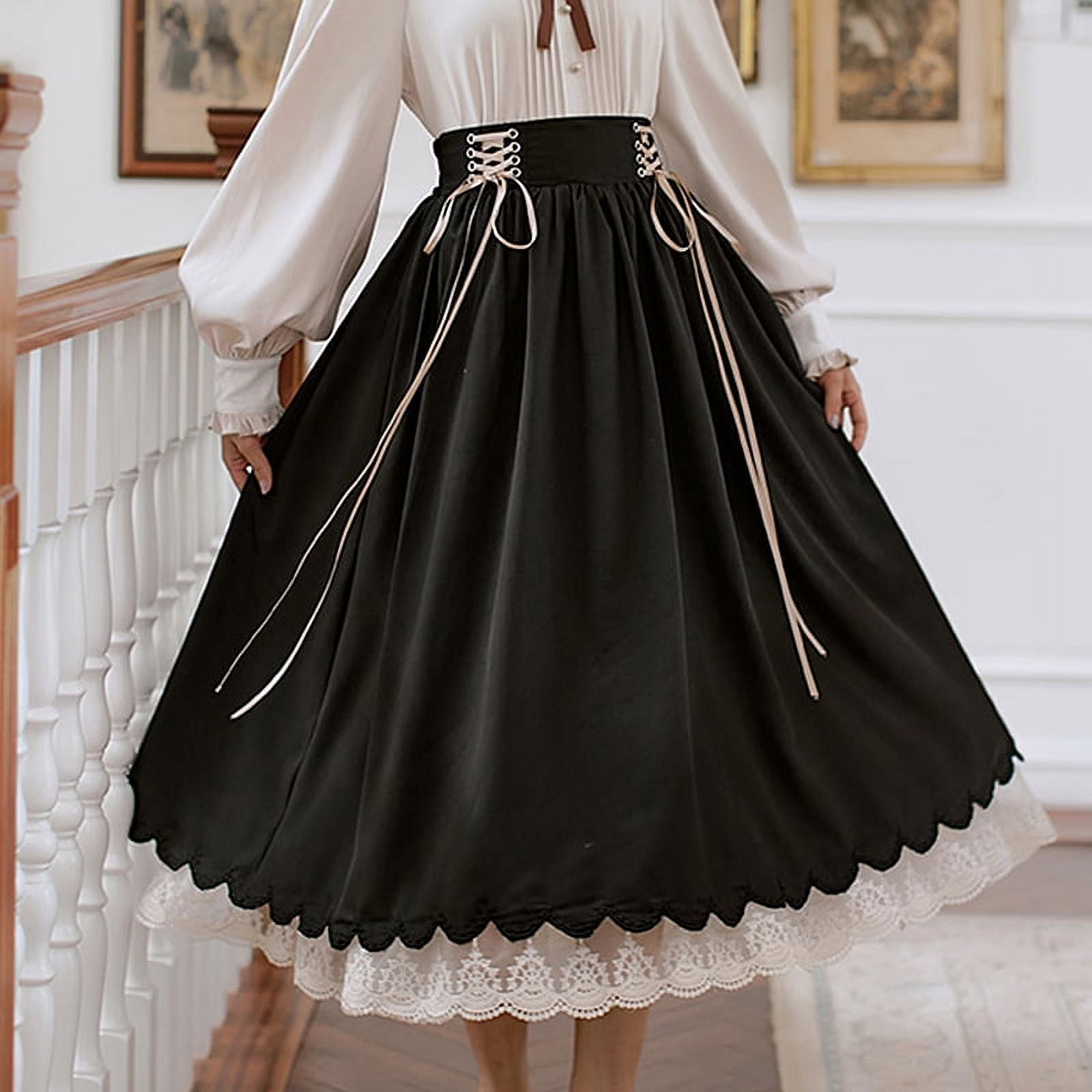 Vintage Long Skirt Women Summer High Waisted Lace Up Pleated Skirts Autumn Lace Patchwork Maxi Walmart