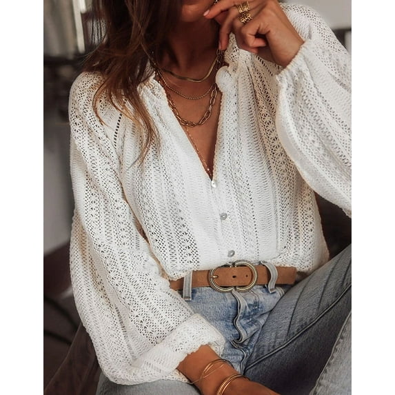 Vintage Long Sleeve Blouses Summer Casual Elegant Ladies Blusas Boho Beach Hollow Out Lace Blouse Shirt for Women Top