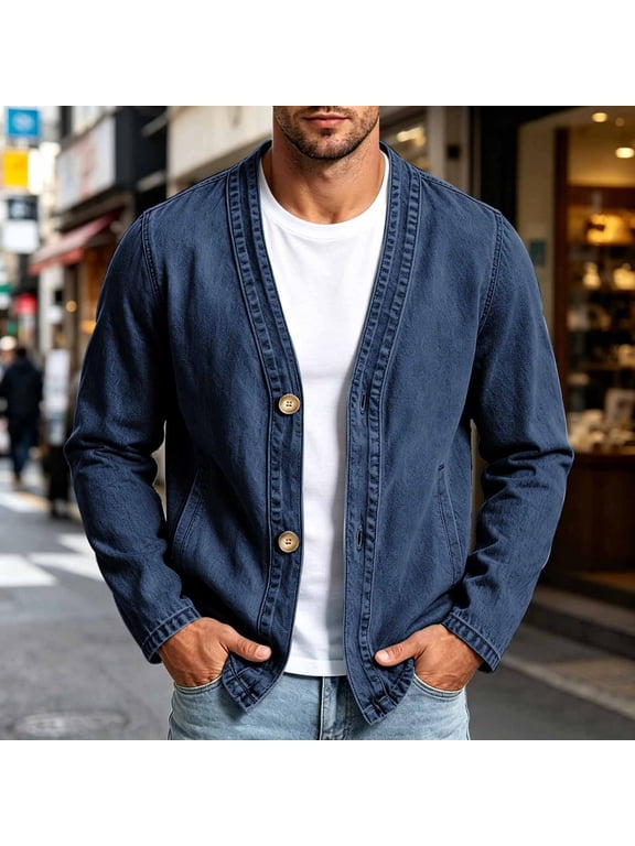 Vintage Long-Sleeve V-Neck Pocket Denim Button-Up Cardigan Jacket Casual Lightweight Jean Coat for Men