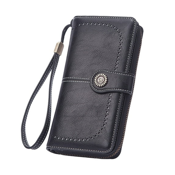 Vintage Long Wallet for Women Leather Zipper Credit Card Holder Lady Bifold Clutch Wristlet Wrist Strap Purse
