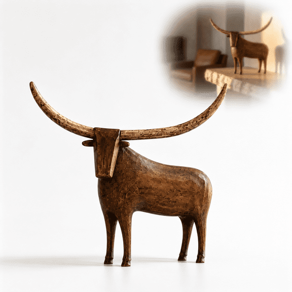Vintage Longhorn Bull Sculpture, Rustic Farmhouse Animal Figurine with Distressed Wood-Tone Finish, Western Decor Accent for Shelf, Mantel & Tabletop