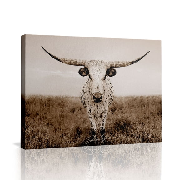 Vintage Longhorn Steer Canvas Wall Art (Rustic Western Tone) Ready to Hang for Living Room