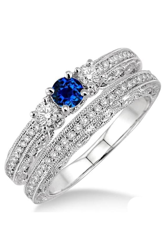 Vintage Look 6mm Round Cut 2 Carat Blue Sapphire And Moissanite Diamond Wedding Ring Antique Bridal Set on 10k White Gold