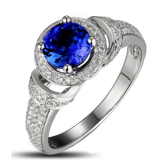 Vintage Look 6mm Round Shape 1.75 Carat Blue Sapphire And Moissanite Diamond Art Nouveau Engagement Ring in 10k White Gold