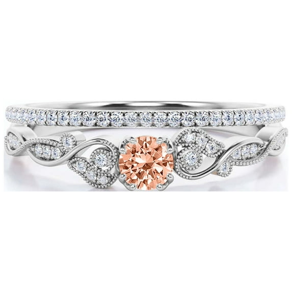 Vintage Look Boho & Hippie 1.25 Carat Round Cut Morganite And Diamond Moissanite Engagement Ring, Wedding Ring In 925 Sterling Silver With 18K White Gold Plating, Promise, Bridal Set, Matching Band