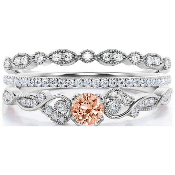Vintage Look Boho & Hippie 1.75 Carat Round Cut Morganite And Diamond Moissanite Engagement Ring, Wedding Ring In 925 Sterling Silver With 18K White Gold Plating, Promise, Trio Set, Matching Band