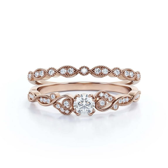 Vintage Look Boho & hippie 1.25 Carat Round Cut Diamond Moissanite Engagement Ring, Wedding Ring in 10k Solid Rose Gold, Gift For Woman, Promise Ring, Anniversary Ring, Bridal Set, Matching Band