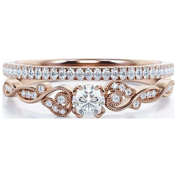 Vintage Look Boho & hippie 1.25 Carat Round Cut Diamond Moissanite Engagement Ring, Wedding Ring in 925 Sterling Silver With 18k Rose Gold Plating Gift For Woman, Promise, Bridal Set, Matching Band