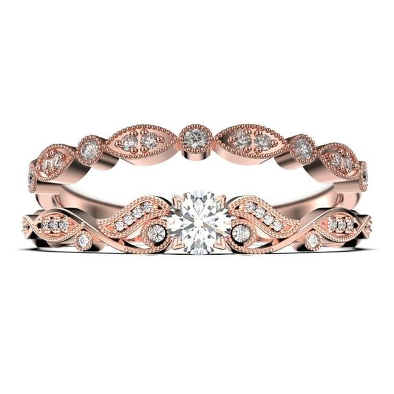 Vintage Look Boho & hippie 1.25 Carat Round Cut Diamond Moissanite Engagement Ring, Wedding Ring in 925 Sterling Silver With 18k Rose Gold Plating, Promise, Bridal Set, Matching Band