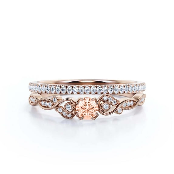 Vintage Look Boho & hippie 1.25 Carat Round Cut Morganite And Diamond Moissanite Engagement Ring, Wedding Ring in 10k Solid Rose Gold, Promise Ring, Anniversary Ring, Bridal Set, Matching Band