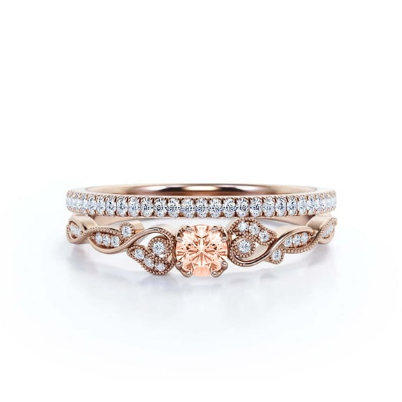 Vintage Look Boho & hippie 1.25 Carat Round Cut Morganite And Diamond Moissanite Engagement Ring, Wedding Ring in 10k Solid Rose Gold, Promise Ring, Anniversary Ring, Bridal Set, Matching Band