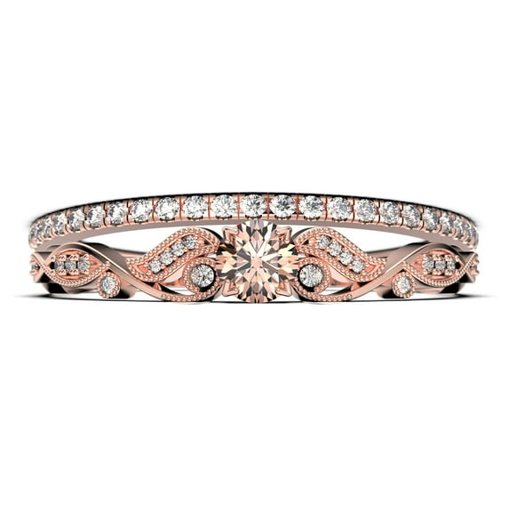 Vintage Look Boho & hippie 1.25 Carat Round Cut Morganite And Diamond Moissanite Engagement Ring, Wedding Ring in 925 Sterling Silver With 18k Rose Gold Plating, Promise, Bridal Set, Matching Band