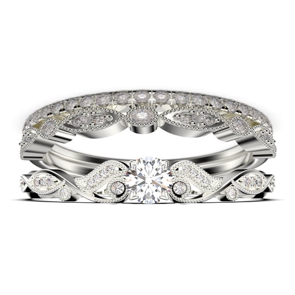 Vintage Look Boho & hippie 1.75 Carat Round Cut Diamond Moissanite Engagement Ring, Wedding Ring in 10k Solid White Gold, Promise Ring, Anniversary Ring, Trio Set, Matching Band