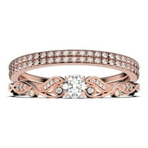 Vintage Look Boho & hippie 1.75 Carat Round Cut Diamond Moissanite Engagement Ring, Wedding Ring in 925 Sterling Silver With 18k Rose Gold Plating, Promise, Trio Set, Matching Band